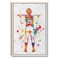 Framed softball wall art showing a colorful watercolor-style player holding a bat against a marble background