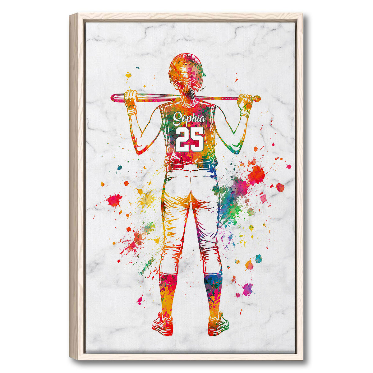 Framed softball wall art showing a colorful watercolor-style player holding a bat against a marble background