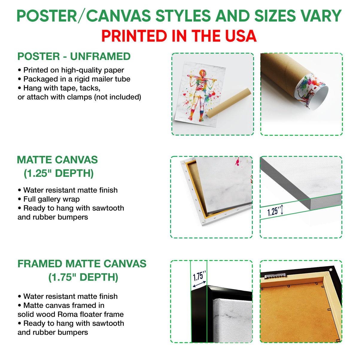 Softball wall art format guide showing poster, matte canvas, and framed canvas options