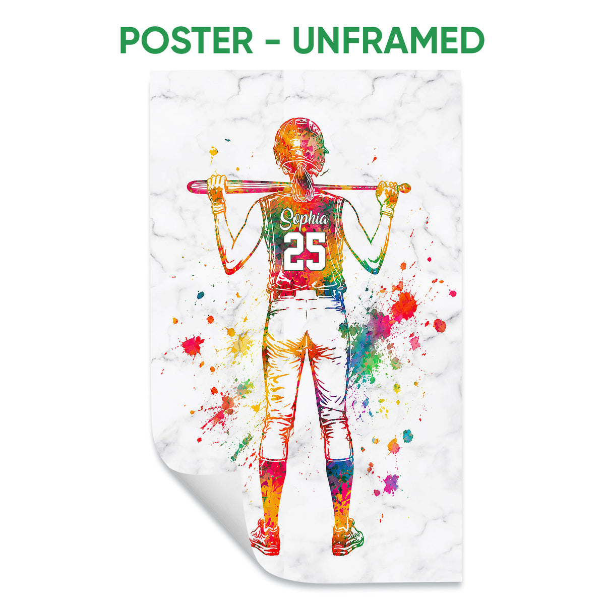 Unframed softball poster featuring a colorful watercolor-style batter holding a bat