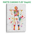 Matte canvas softball wall art featuring a vibrant watercolor-style batter with colorful paint splashes