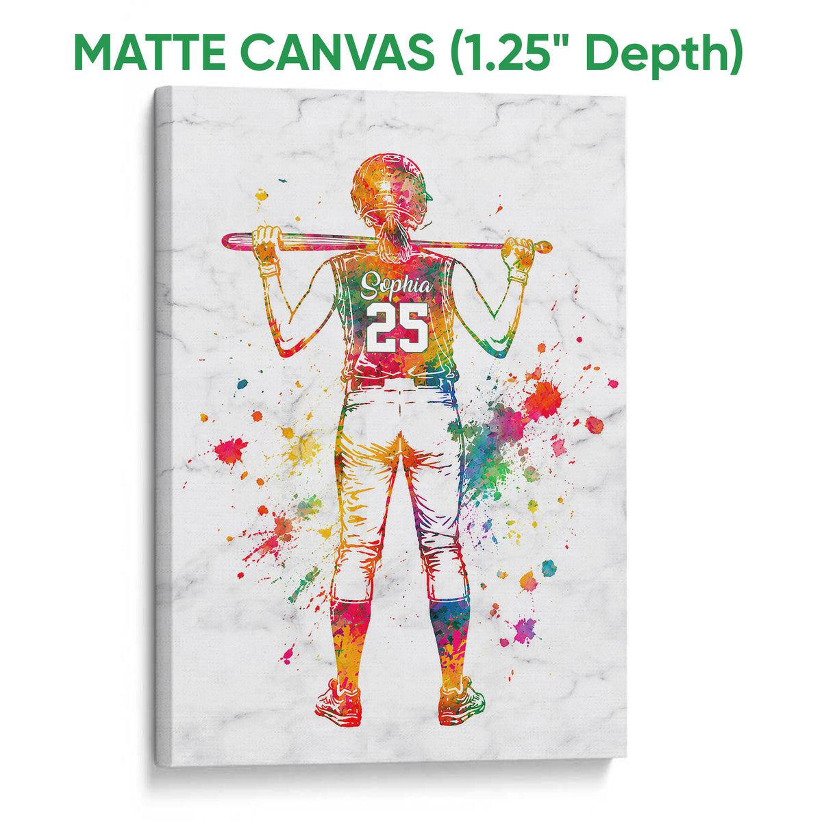 Matte canvas softball wall art featuring a vibrant watercolor-style batter with colorful paint splashes