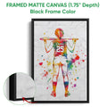 Black framed canvas softball wall art with a close-up view of the canvas and frame edge