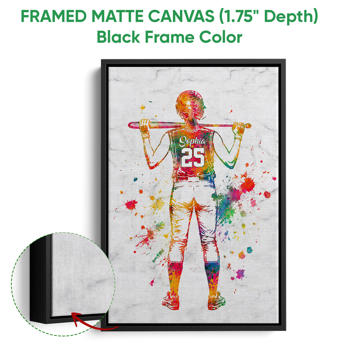 Black framed canvas softball wall art with a close-up view of the canvas and frame edge