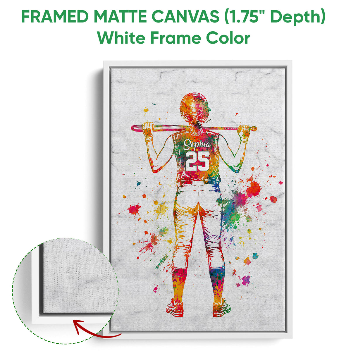 White framed canvas softball wall art with a close-up view of the textured canvas and frame