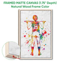 Natural wood framed softball wall art with a close-up view of the canvas and wood frame