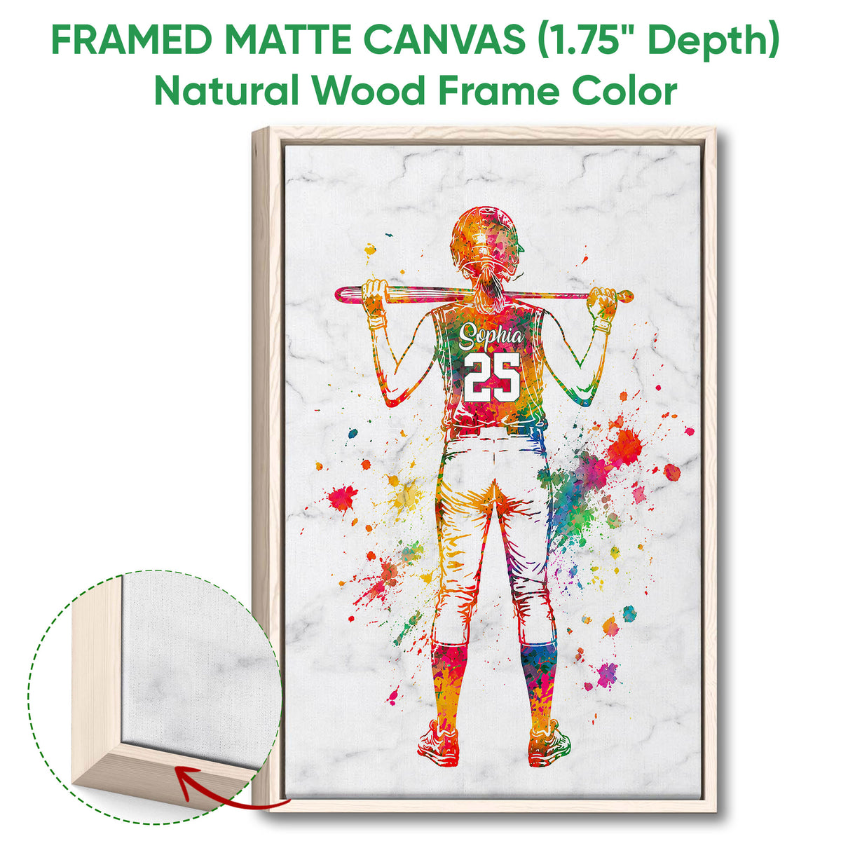 Natural wood framed softball wall art with a close-up view of the canvas and wood frame