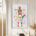 Colorful framed softball wall art displayed on a light wood-paneled wall in a bright home interior