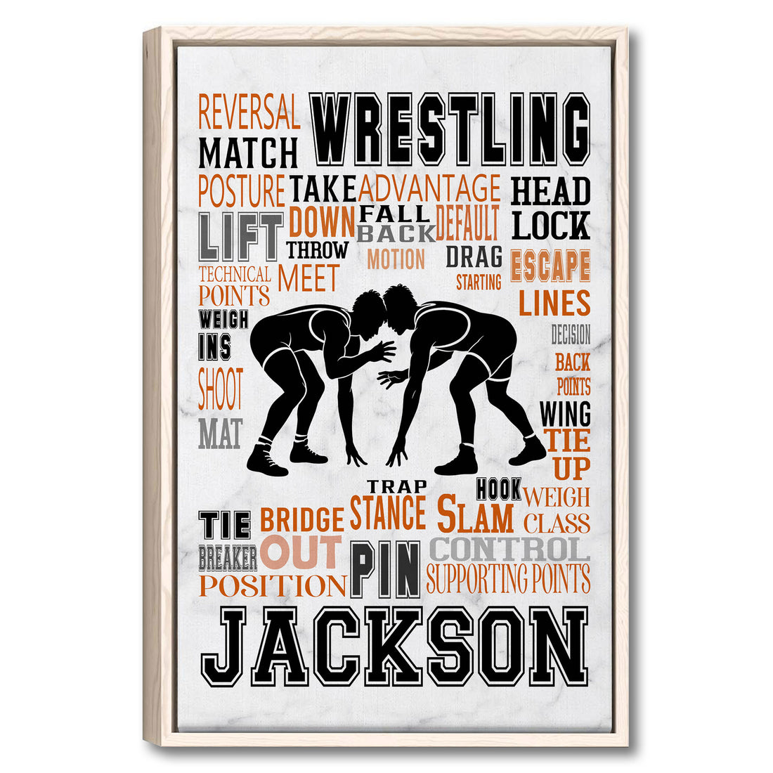 Framed wrestling wall art with two grapplers surrounded by bold black, orange, and gray typography