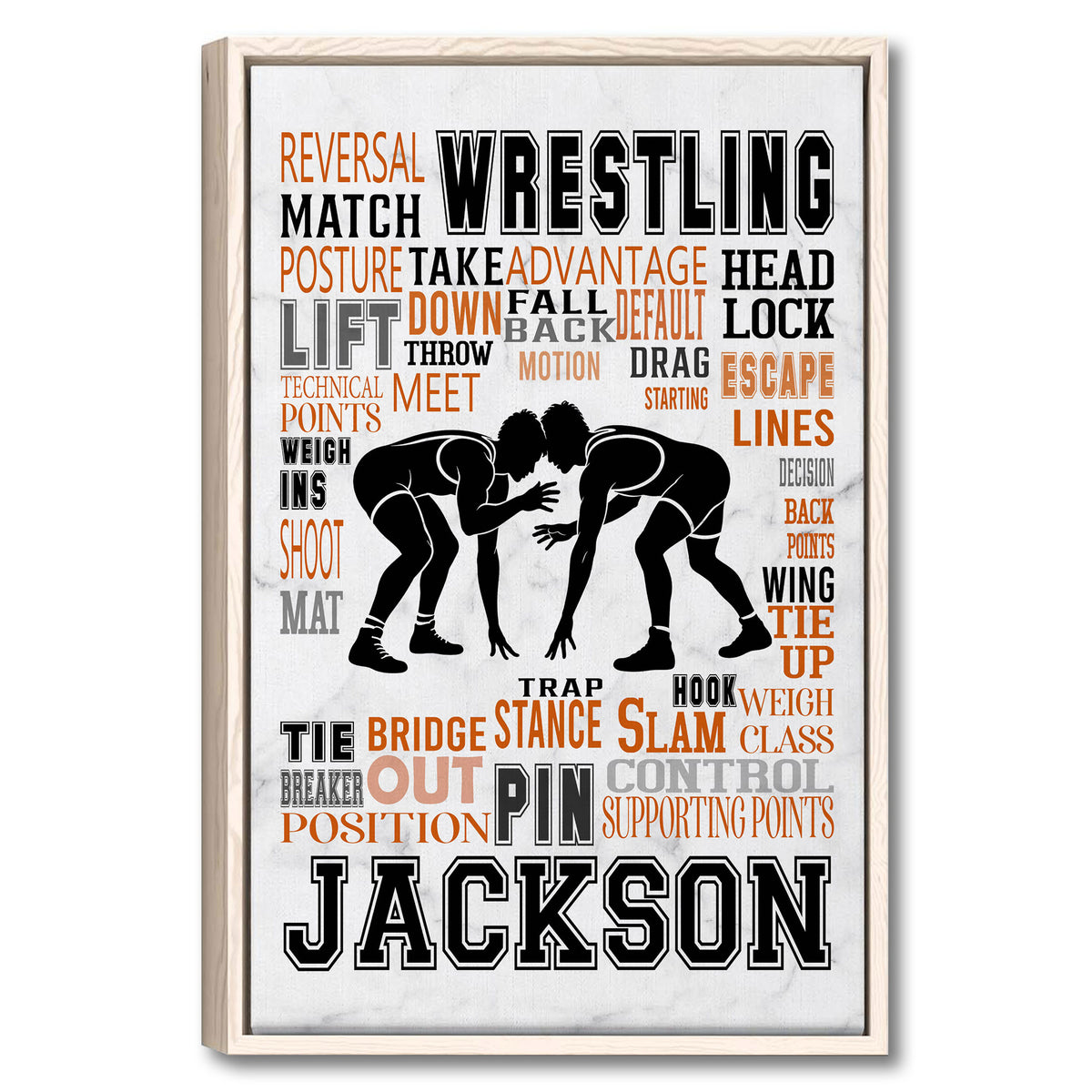 Framed wrestling wall art with two grapplers surrounded by bold black, orange, and gray typography