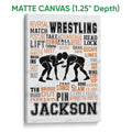 Matte canvas wrestling wall art with two wrestlers and black, orange, and gray graphic lettering