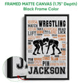 Wrestling wall art displayed in a black framed matte canvas with a detailed fabric close-up
