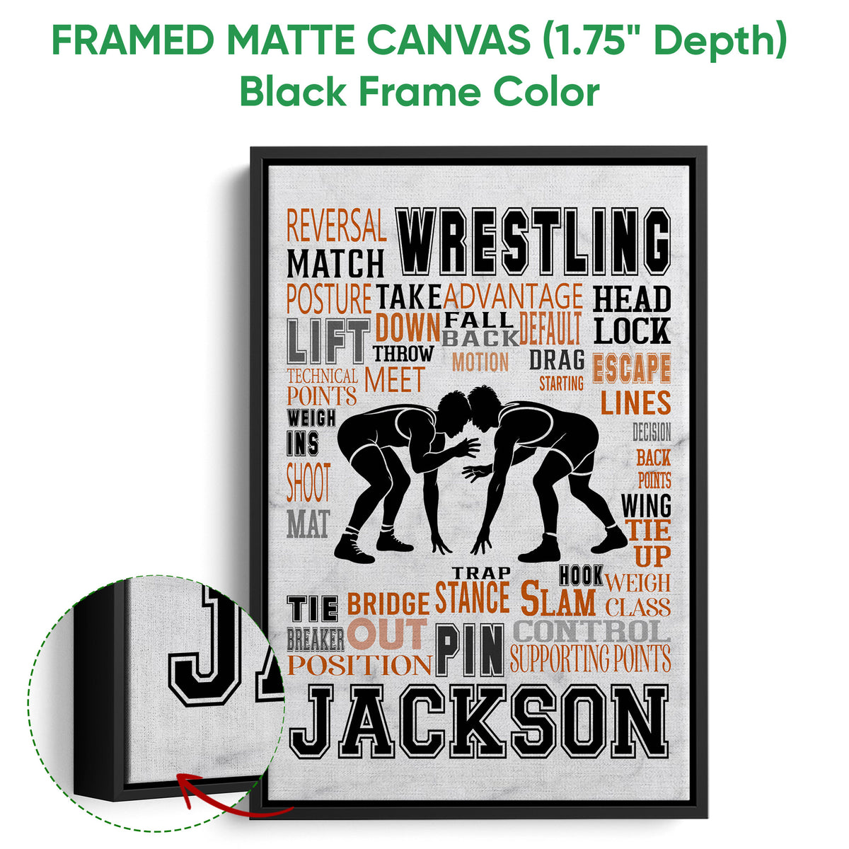 Wrestling wall art displayed in a black framed matte canvas with a detailed fabric close-up