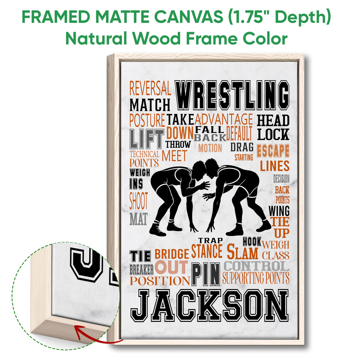Wrestling wall art in a natural wood framed canvas with a close-up of the frame and canvas edge