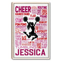 Framed cheerleading wall art with a pom-pom silhouette and red and pink cheer terms