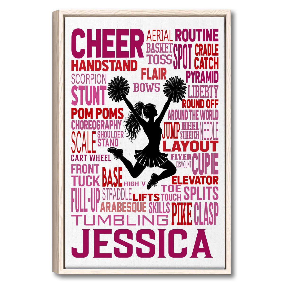Framed cheerleading wall art with a pom-pom silhouette and red and pink cheer terms