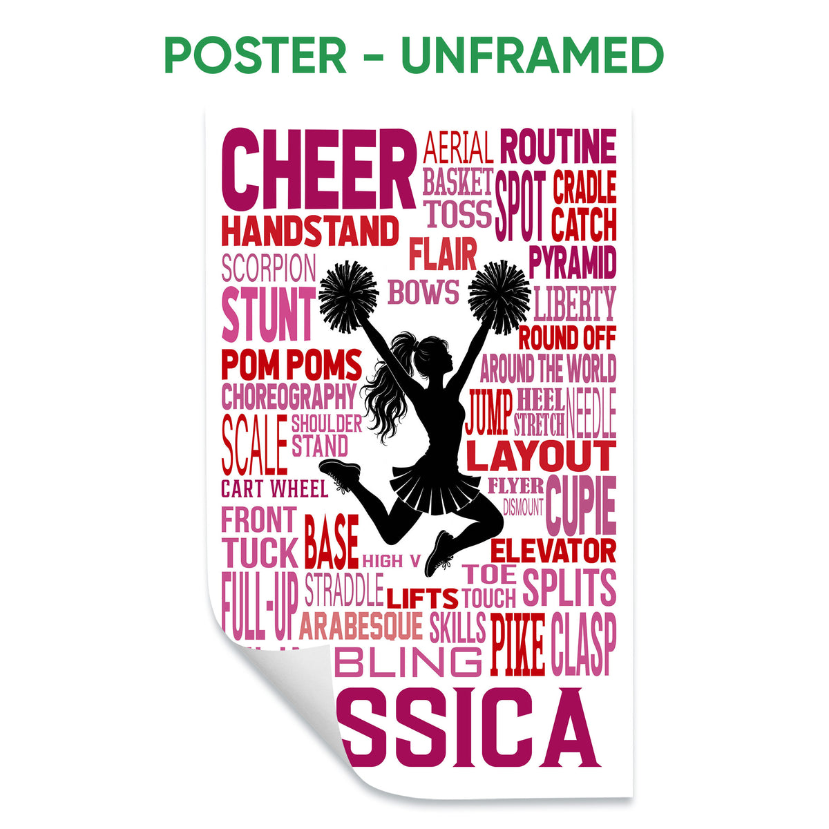 Unframed cheerleading poster featuring a pom-pom silhouette and colorful cheer terminology