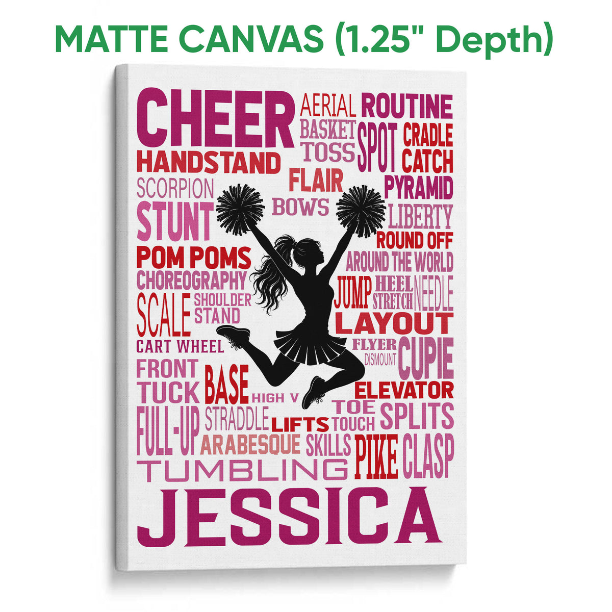 Matte canvas cheerleading wall art with a central cheerleader silhouette and pom-poms