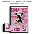 Black framed canvas cheerleading wall art with a close-up view of the canvas edge