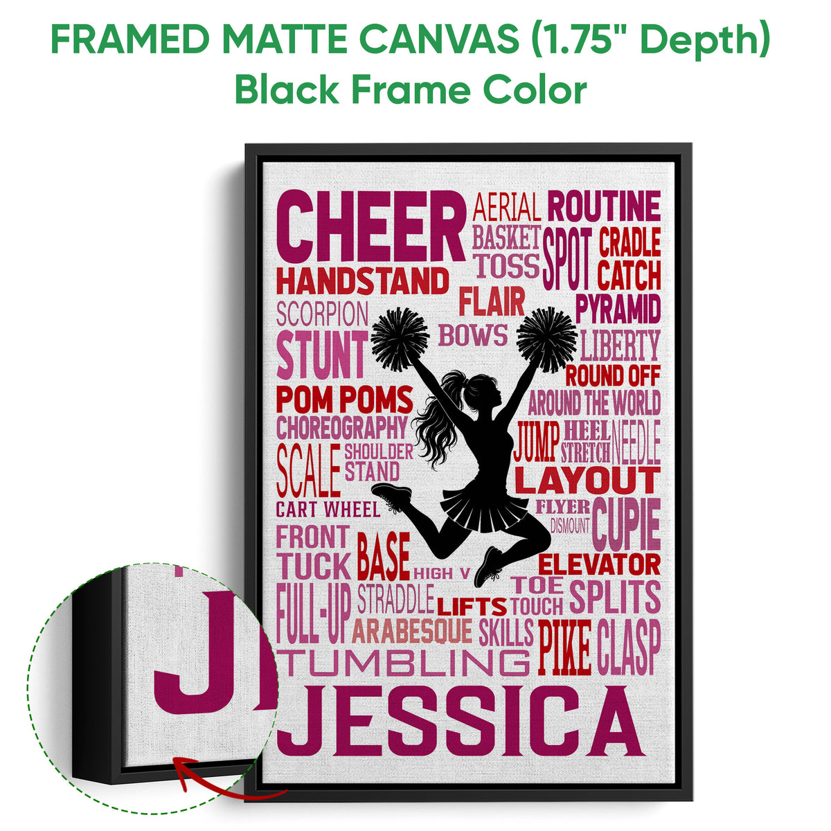 Black framed canvas cheerleading wall art with a close-up view of the canvas edge