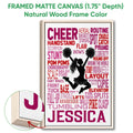 Natural wood framed cheerleading wall art with a close-up of the canvas frame