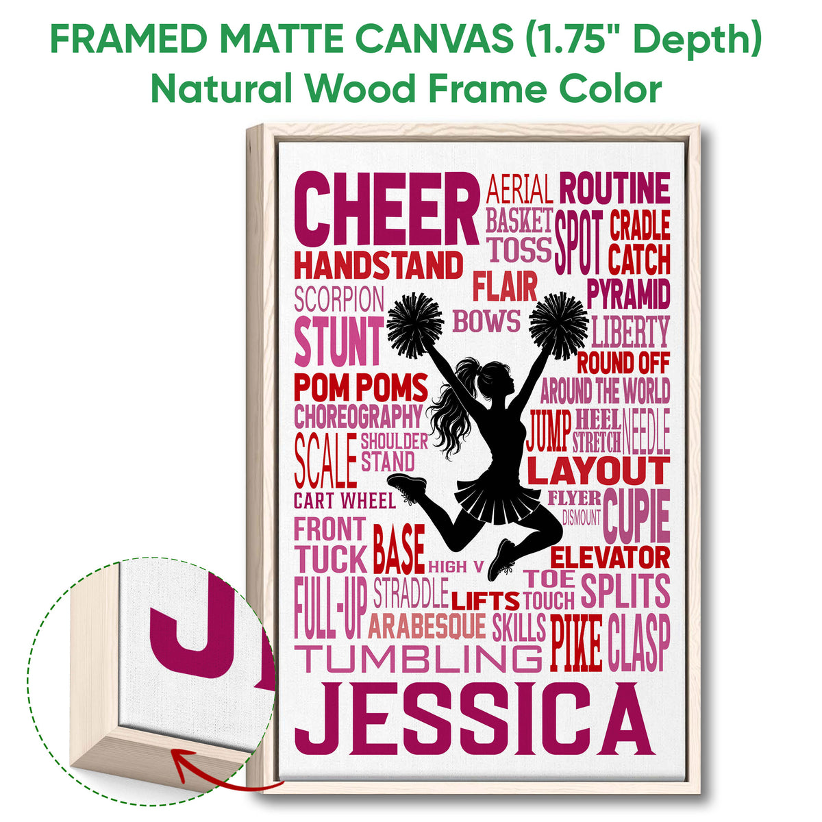 Natural wood framed cheerleading wall art with a close-up of the canvas frame
