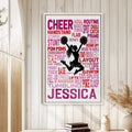 Cheerleading wall art displayed in a bright room with a wood-paneled wall
