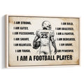 Framed football wall art featuring a helmeted player, distressed affirmations, and a natural wood frame