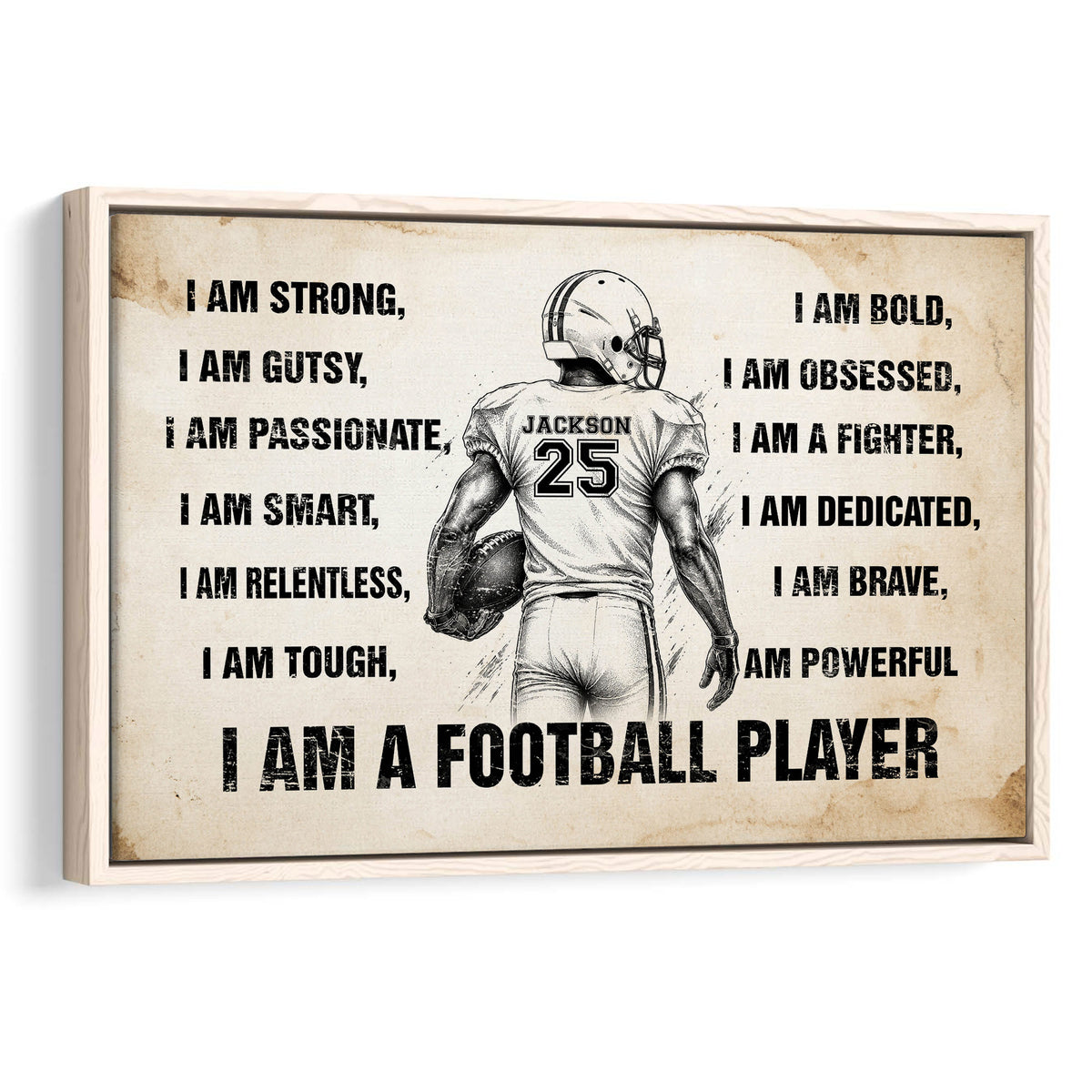 Framed football wall art featuring a helmeted player, distressed affirmations, and a natural wood frame