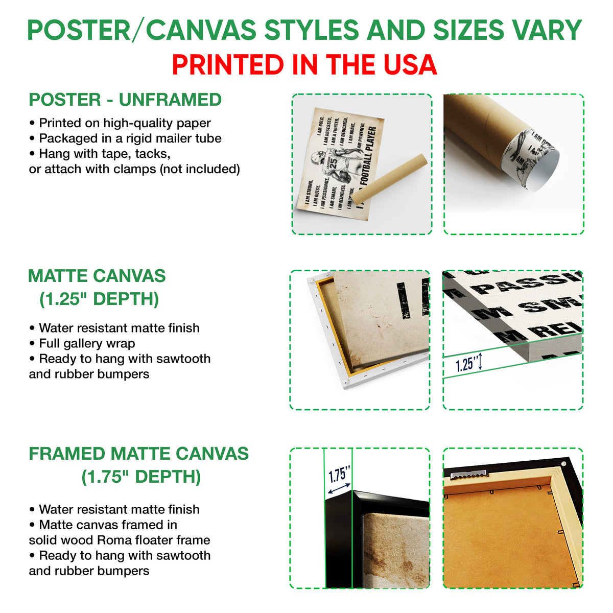Football wall art options guide showing unframed poster, matte canvas, and framed matte canvas formats
