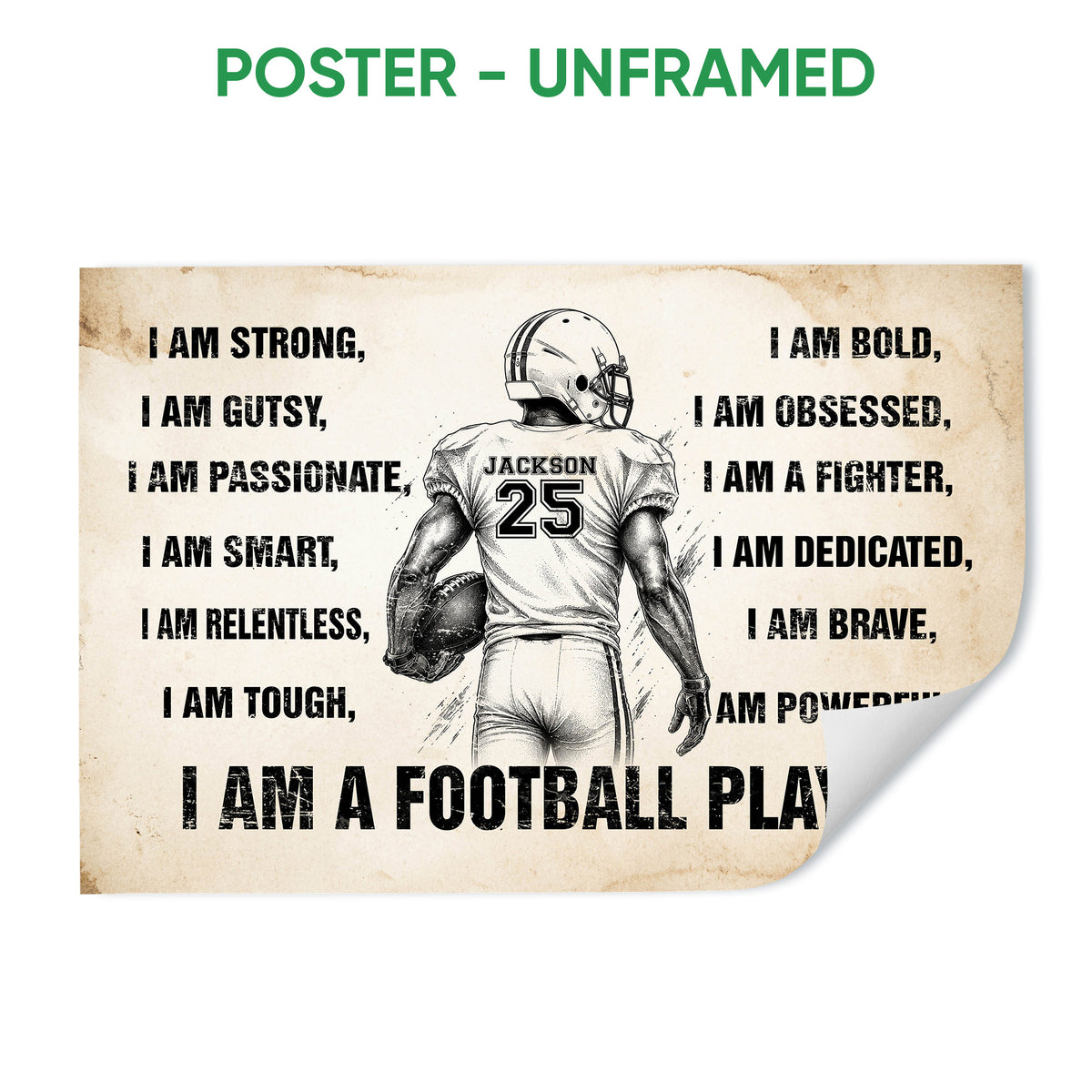 Unframed football poster with a helmeted player, vintage distressed artwork, and motivational sports wording