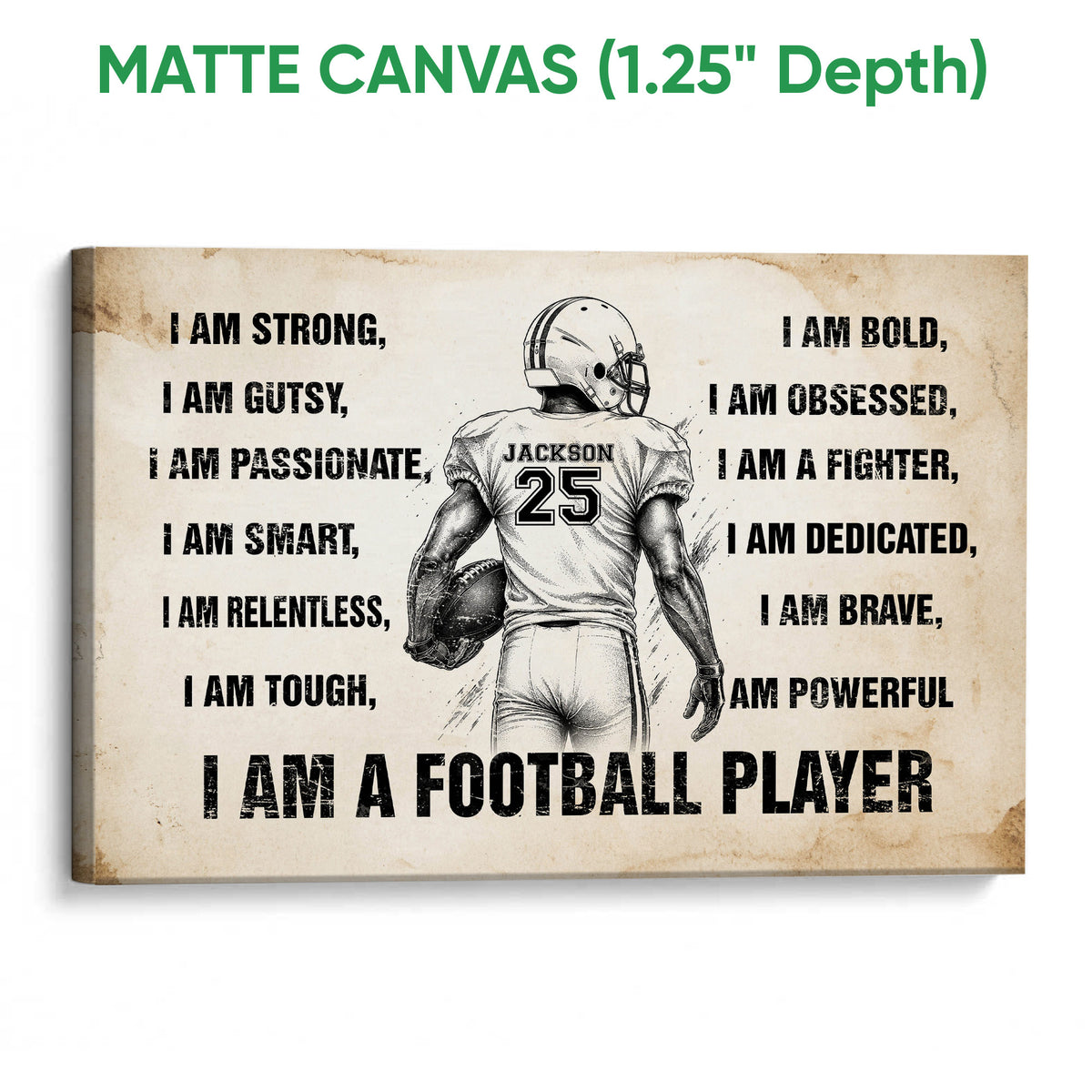 Matte canvas football wall art featuring a helmeted player and bold distressed motivational design