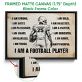 Framed football canvas wall art shown with a black frame and close-up of the canvas edge