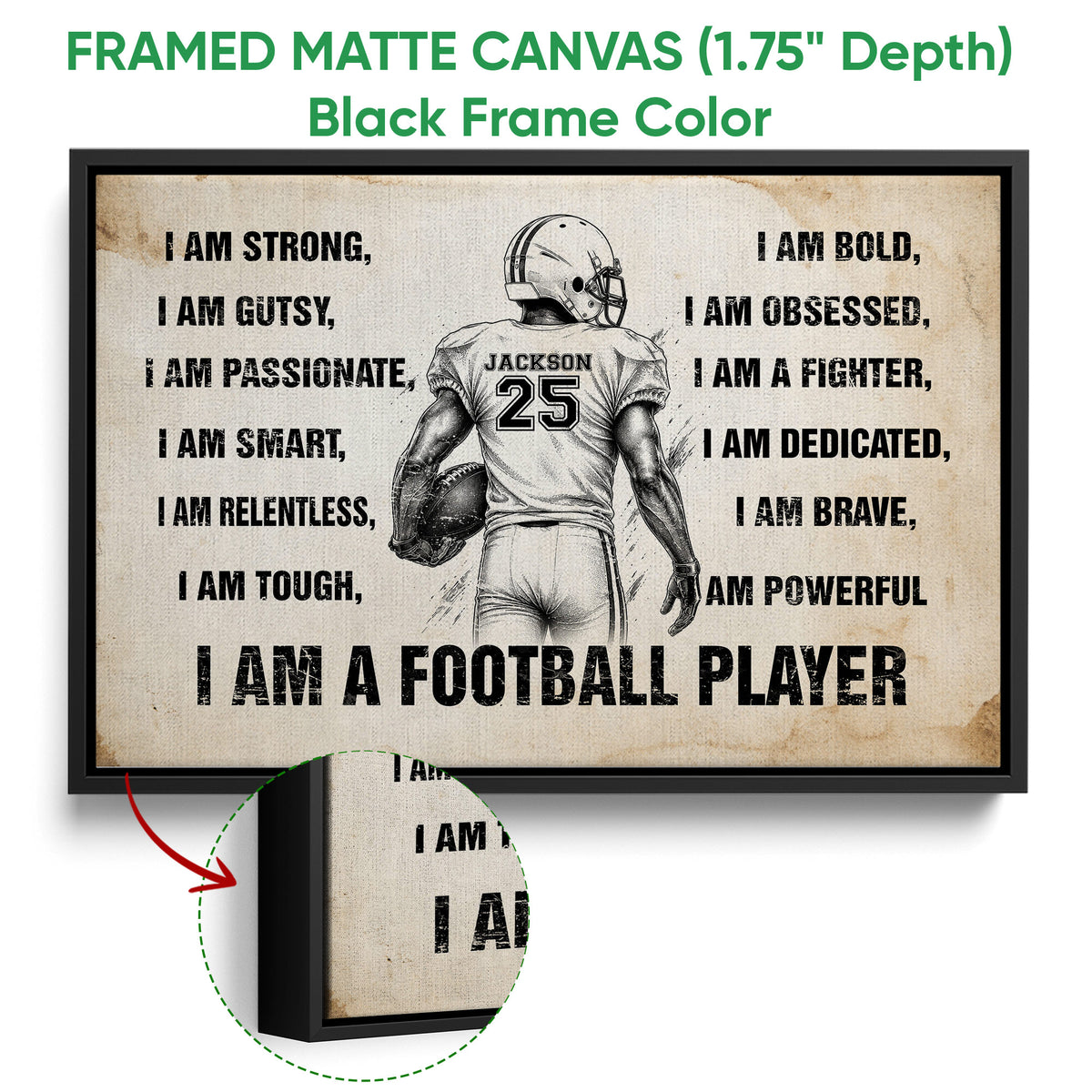 Framed football canvas wall art shown with a black frame and close-up of the canvas edge