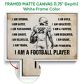 Framed football canvas wall art shown with a white frame and close-up of the canvas texture