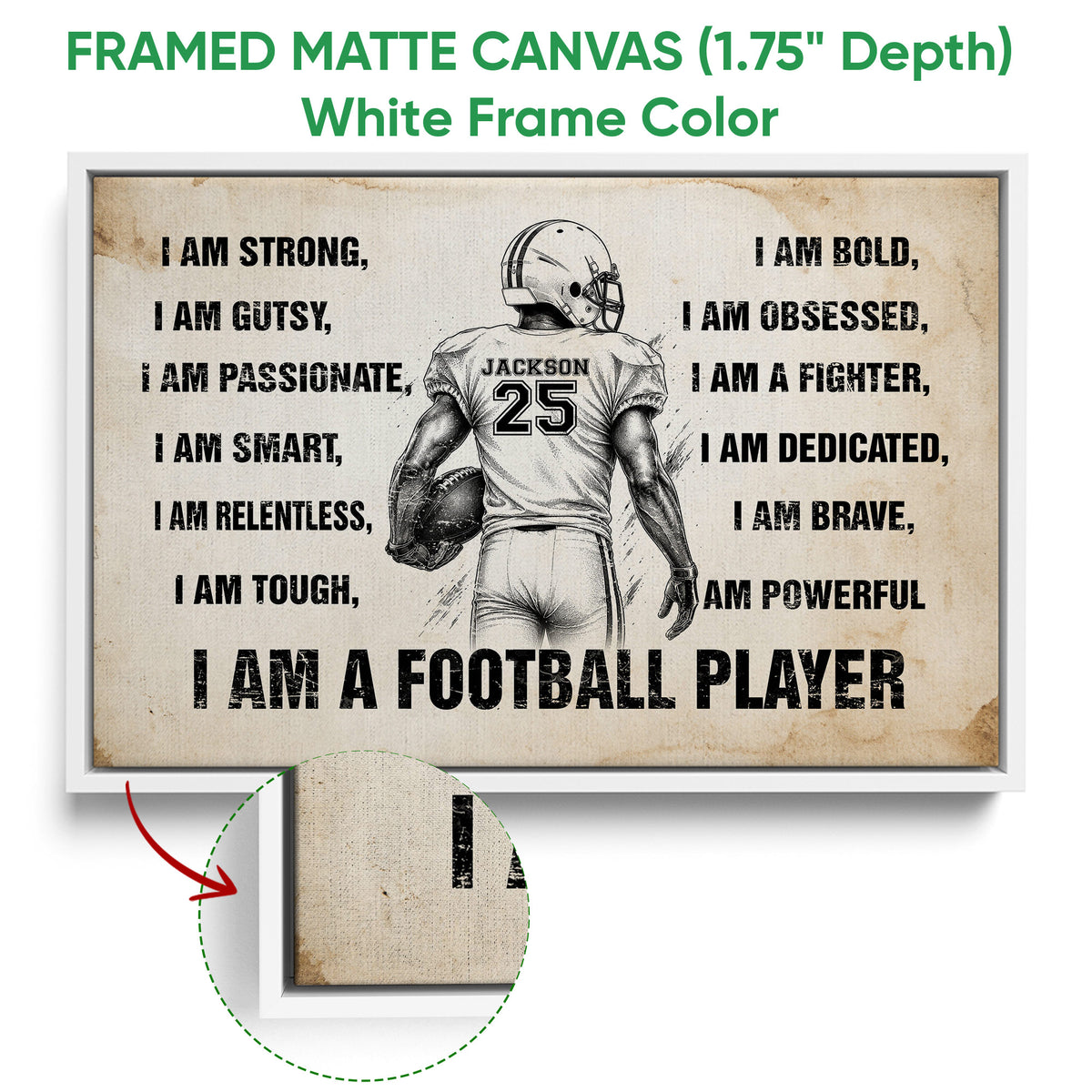 Framed football canvas wall art shown with a white frame and close-up of the canvas texture