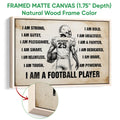 Framed football canvas wall art shown with a natural wood frame and detailed corner view