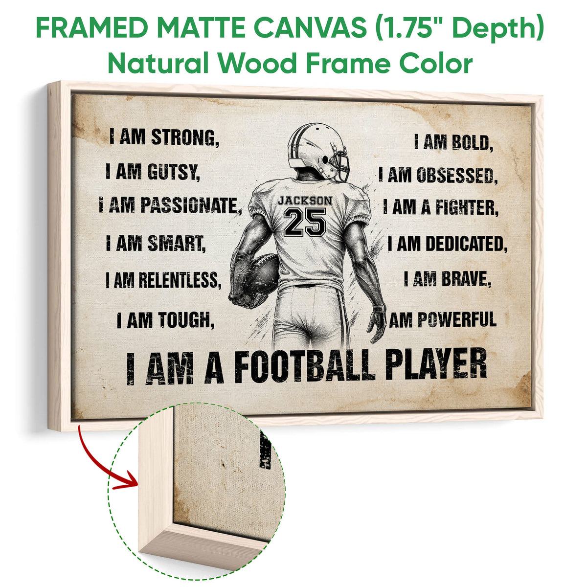 Framed football canvas wall art shown with a natural wood frame and detailed corner view