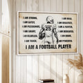 Football wall art displayed in a bright home interior with white wood paneling and natural wood framing