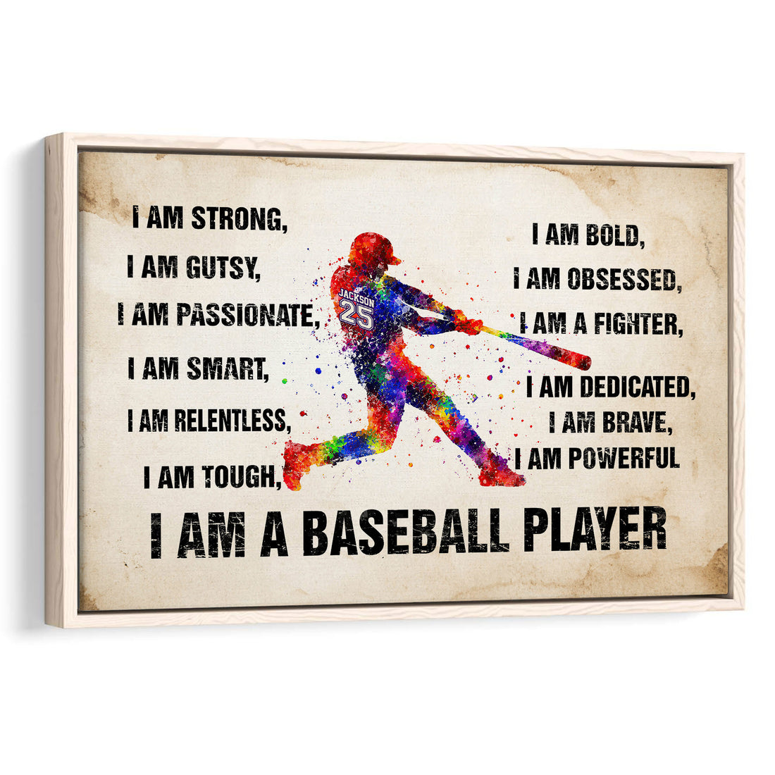 Framed baseball wall art featuring a colorful batter and bold motivational typography