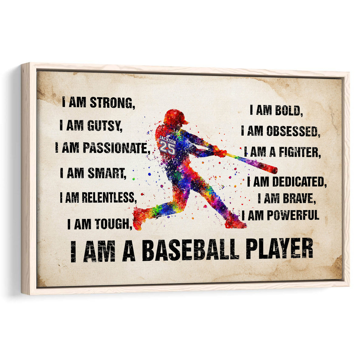 Framed baseball wall art featuring a colorful batter and bold motivational typography