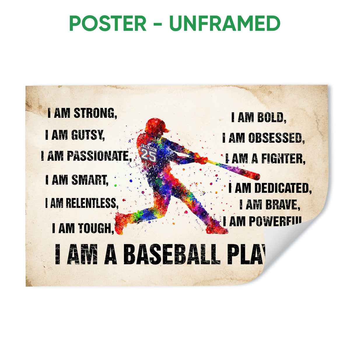 Unframed baseball poster with a colorful batter and bold motivational artwork