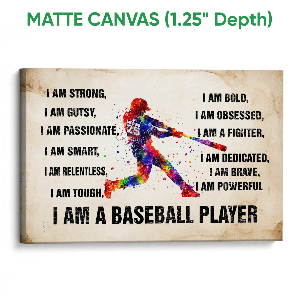 Matte canvas baseball wall art featuring a colorful batter and distressed typography