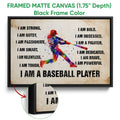 Black framed canvas baseball wall art with colorful batter artwork and motivational design