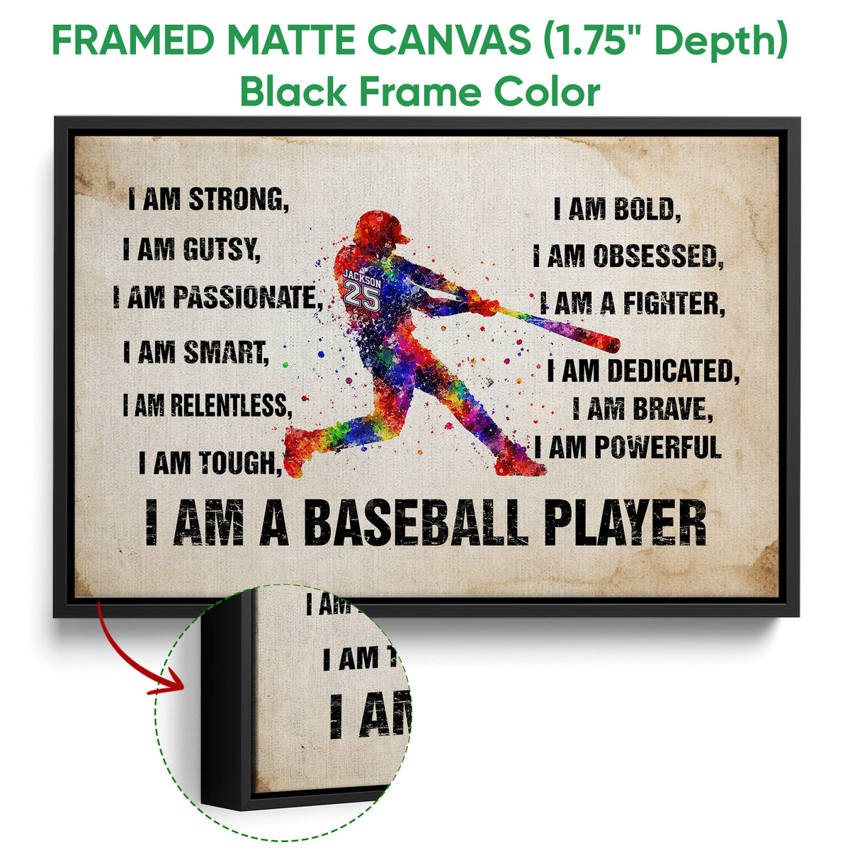 Black framed canvas baseball wall art with colorful batter artwork and motivational design