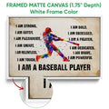 White framed canvas baseball wall art with colorful batter artwork and bold typography