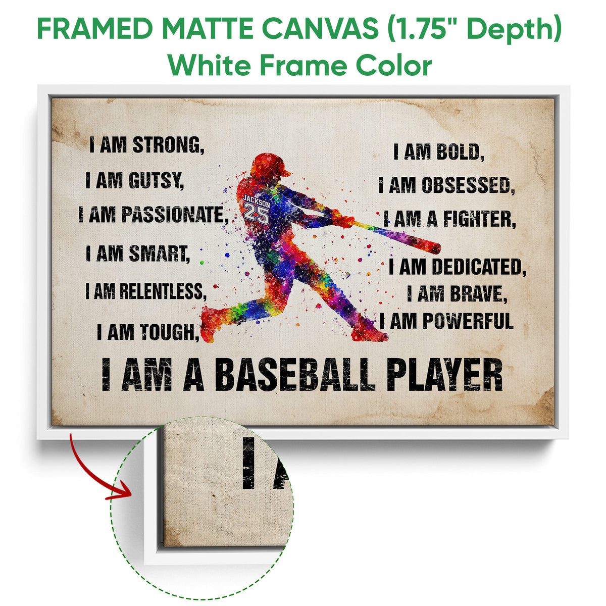 White framed canvas baseball wall art with colorful batter artwork and bold typography