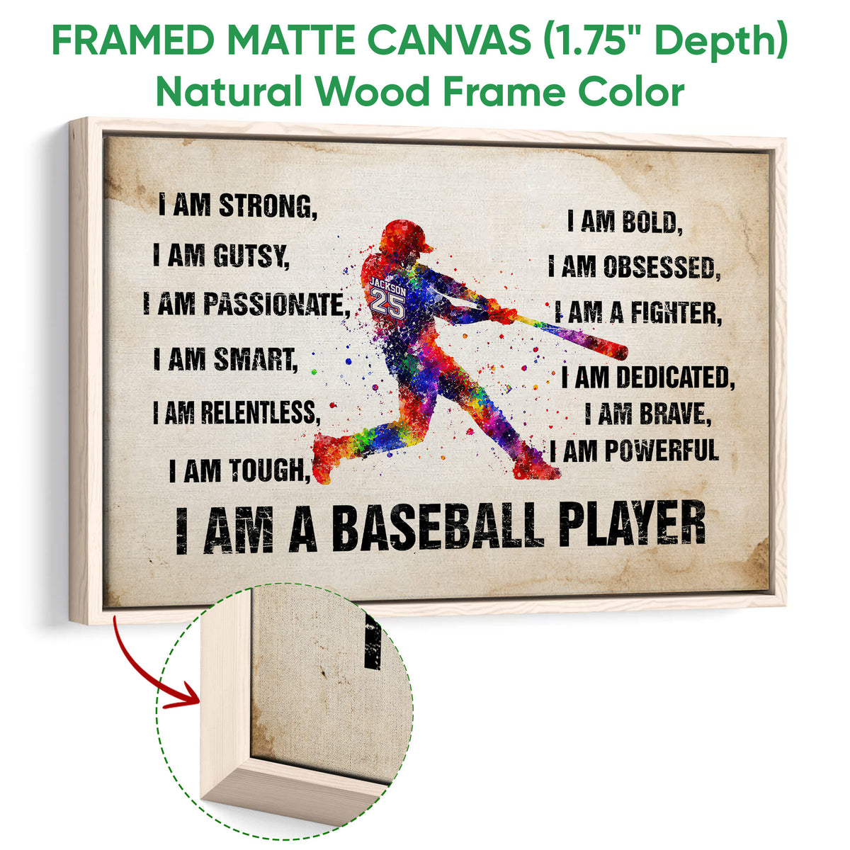 Natural wood framed baseball wall art with colorful batter and motivational design