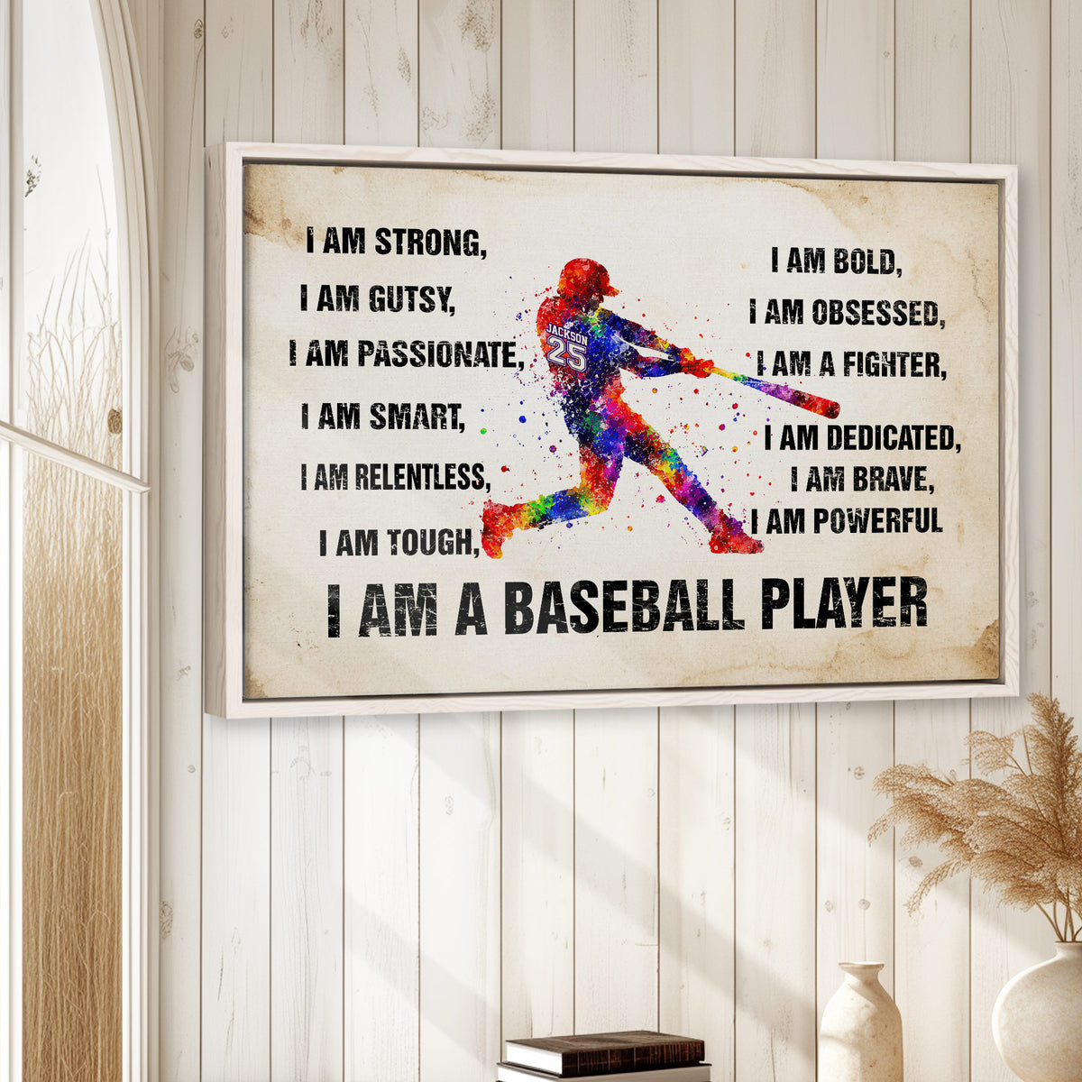 Framed baseball wall art displayed on a light wood wall in a home decor setting