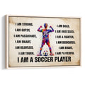 Framed soccer wall art featuring a colorful player, soccer ball, and motivational sports affirmations
